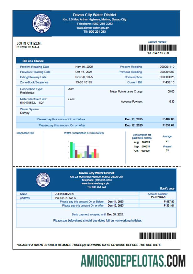 Em branco modelo de conta de serviços públicos do distrito hídrico da cidade de Davao nas Filipinas em formatos Word e PDF